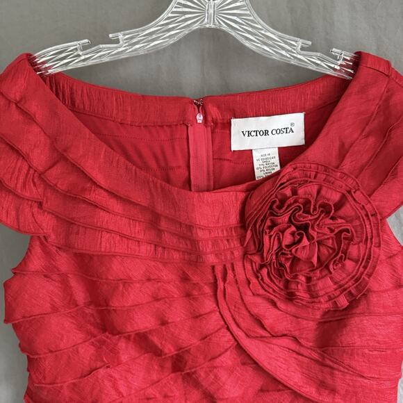 Vintage Victor Costa Tiered Ruffle Rosette‎ Blouse Red Rayon Y2K Formal Size 10 - Picture 2 of 8